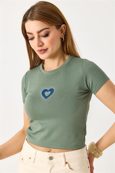 Kadın Kalp Nakış ve Taş Detaylı Crop Bluz Yeşil