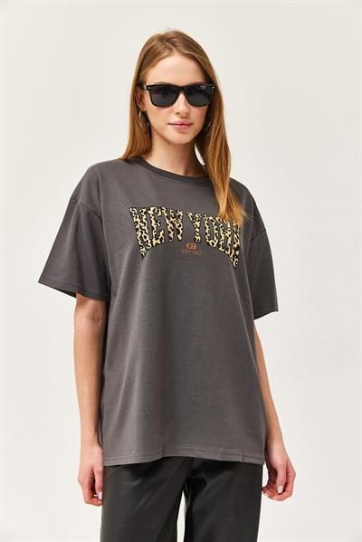 Bisiklet Yaka Oversize Tshirt Füme