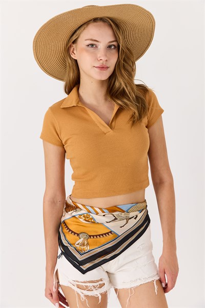 Polo Yaka Basıc Kısa Kollu Örme Kaşkorse Crop Bluz Camel