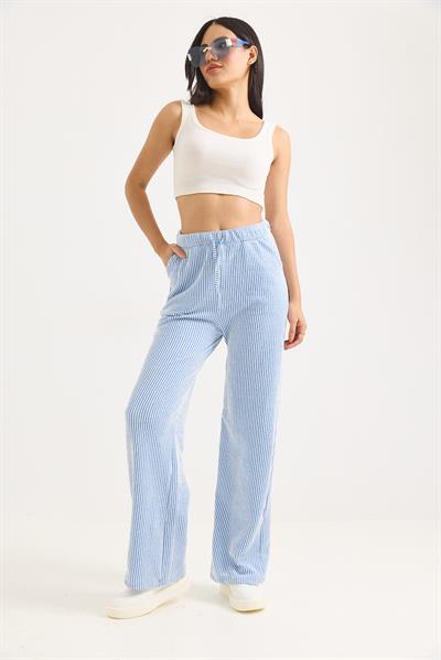 Belden Bağlamalı Geniş Paça Çizgi Desenli Pantolon Mavi