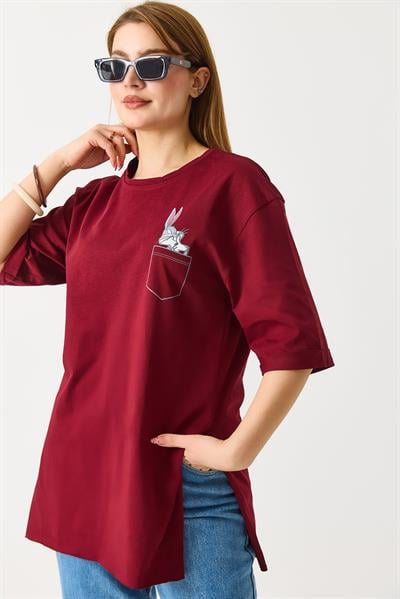 Kadın Yanları Yırtmaçlı Oversize  Basic Tshirt Bordo
