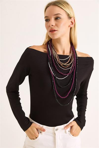 Kadın Geniş Yaka Uzun Kollu Bluz Siyah