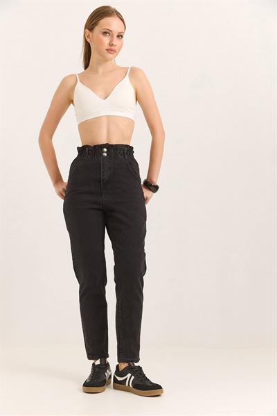 Yüksel Bel Beli Lastikli İki Düğmeli Kot Pantalon Siyah