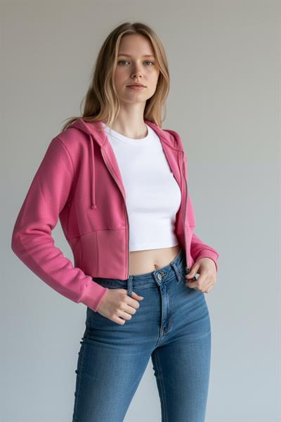 Kadın Kapüşonlu Fermuarlı Pembe Crop Sweat