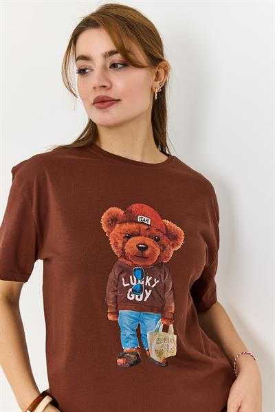 Ayıcık Baskılı Pamuklu Bisiklet Yaka Tshirt Kahverengi