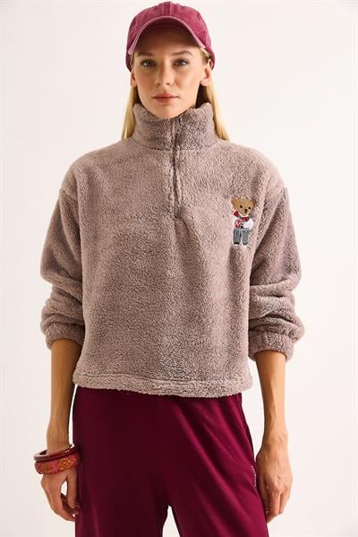 Kadın Nakışlı Welsoft  Fermuar Detaylı Sweat Açık Kahverengi