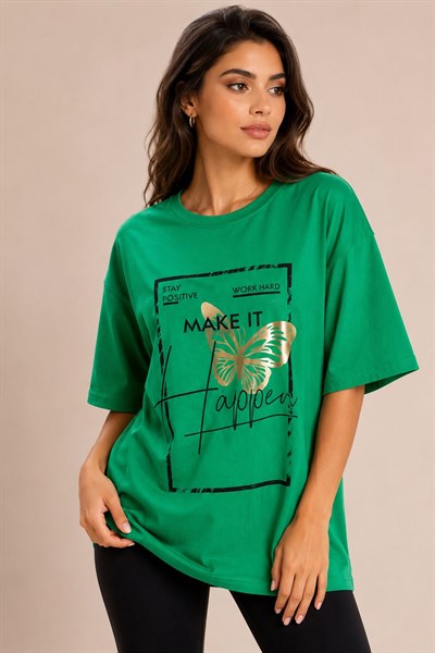 Kadın Bisiklet Yaka Rahat Kesim Tshirt Yeşil