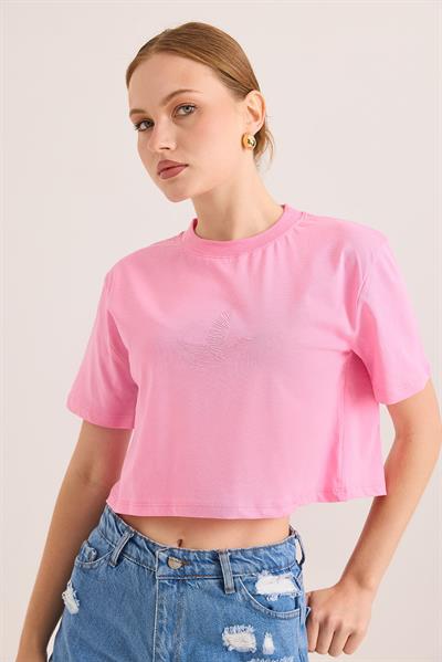 Karikatür Kuş Kabartma Baskılı Örme Crop Tshirt Pembe