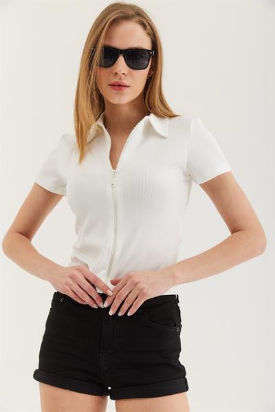 Fermuarlı Gömlek Yaka Crop Bluz Beyaz