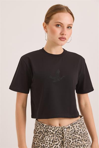 Rahat Kalıp Pamuk Örme Crop Tshirt Siyah
