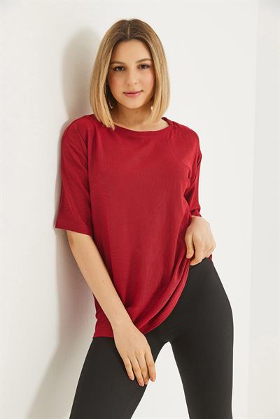 Bisiklet Yaka  Kısa Kol Basic Tshirt Bordo