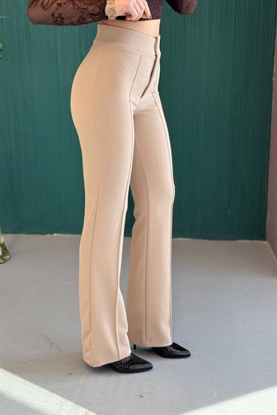 Likralı Krep Örme Kumaşı Çımalı Bej Pantolon