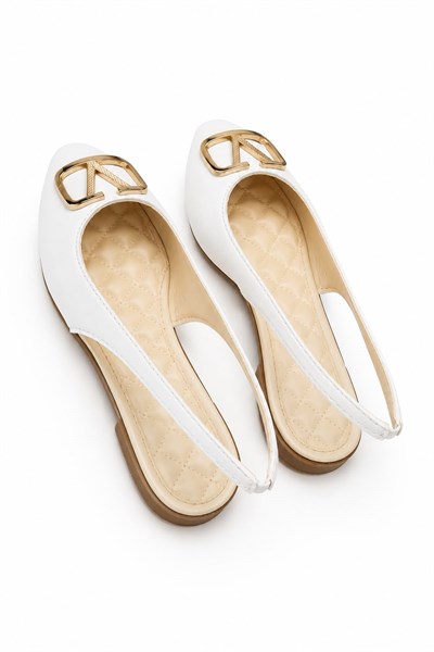 Kadın Gold Tokalı Slingback Model YumuşakTaban Babet Beyaz