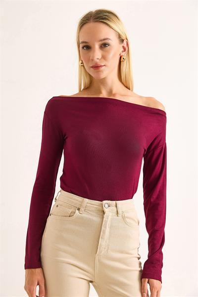 Kadın Geniş Yaka Uzun Kollu Bluz Bordo