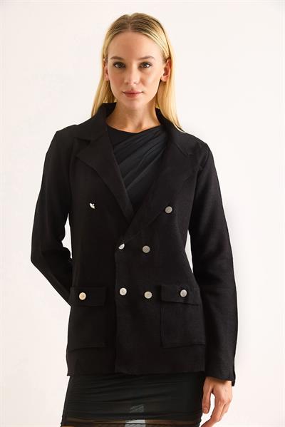 Blazer Triko Şık Düğmeli Ceket Siyah
