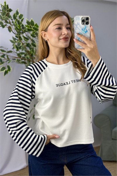Kadın Kolları Çizgili Yıldız Baskılı Bisiklet Yaka Tshirt Lacivert