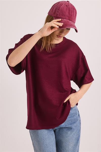 Oversize Yumuşak Dokulu Salaş T-Shirt Bordo