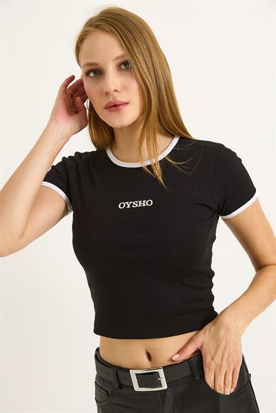 Bisiklet Yaka Nakışlı Crop Tshirt Siyah
