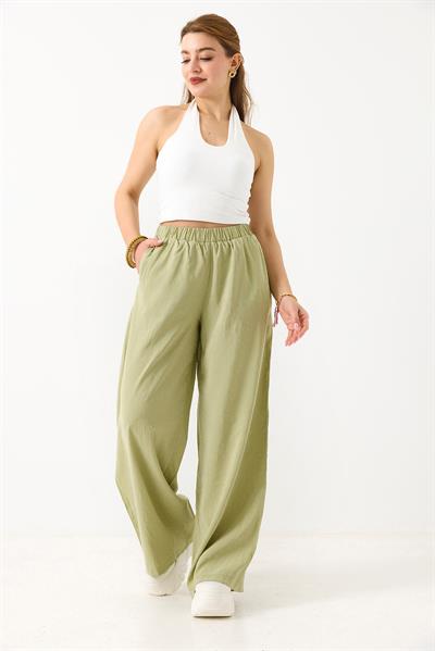 Kadın Taş Detaylı Bol Kesim Keten Görünümlü Pantolon Yeşil