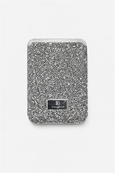 İphone 15 Pro Max Uyumlu Parlak ve Taşlı Kart Bölümlü Kılıf Gri