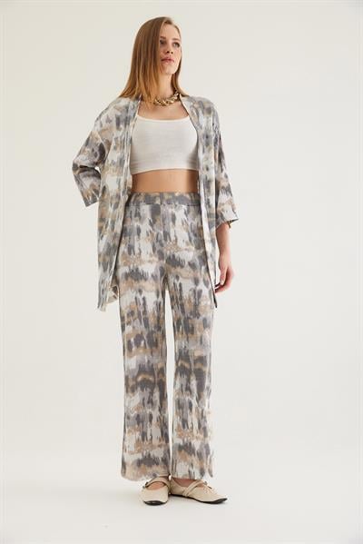 Kimono Pantolon Krinkıl Kadın İkili Takım Füme