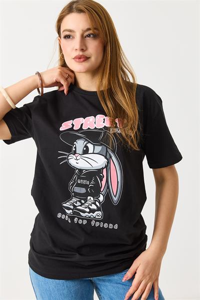 Kadın Baskılı Bisiklet Yaka Kısa Kol Tshirt Siyah