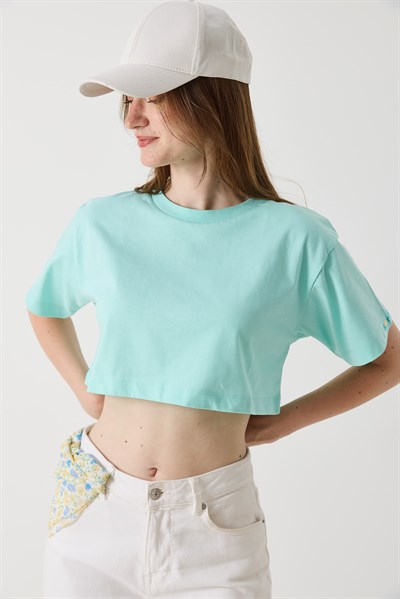 Kadın Bisiklet Yaka Crop Bluz Yeşil