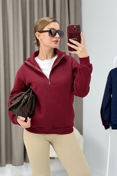 Kadın Bordo Yarım Fermuarlı Üç İplik Sweat 