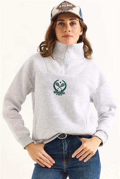 Kadın Dik Yaka Fermuarlı Roket Baskılı Sweatshirt Gri