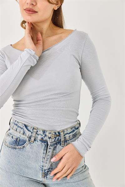 Kayık Yaka Kaşmir Uzun Kollu Bluz Gri