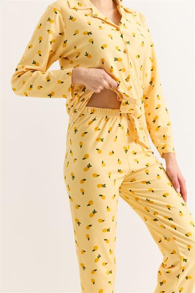 Sarı Kadın Polo Yaka Pamuklu Limon Desenli Pijama Takımı