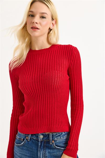 Bisiklet Yaka Triko Örme Bluz Kırmızı