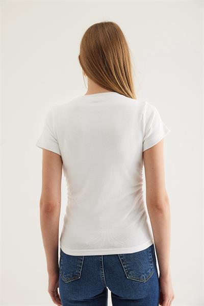 Kurdele Detaylı  Bisiklet Yaka Bluz Beyaz