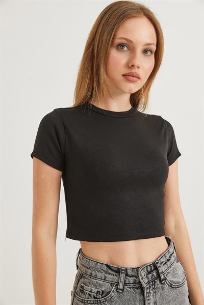 Bisiklet Yaka Esnek Crop Bluz Siyah