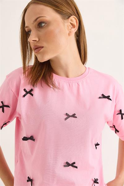 Fiyonk Detaylı Fit Pamuk Tshirt Pembe