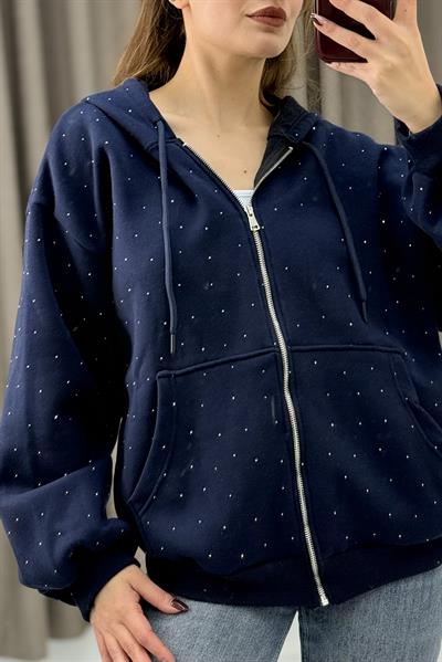 Kadın Taş Detaylı Kapüşonlu 3 İplik Fermuarlı Sweatshirt Lacivert