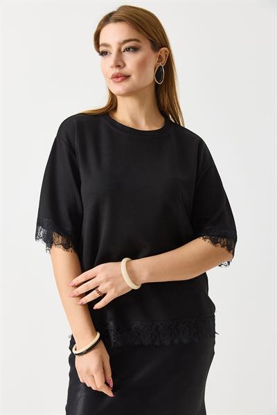 Kadın Kolları Ve Eteği Dantel Detaylı  Düz Modal Tshirt Siyah