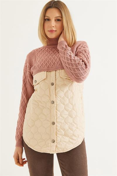 Kapitoneli Baklava Örgülü Triko Kazak Pudra