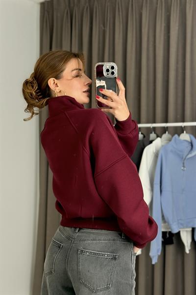 Kadın Fermuarlı Dikiş Detaylı Sweat Bordo