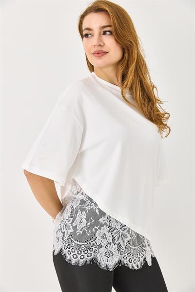 Bisiklet Yaka Dantel Detaylı Şık Tshirt