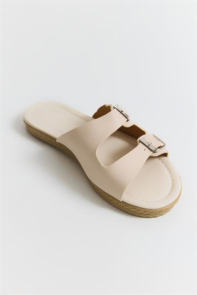 Çift Tokalı Yumuşak Taban Kadın Terlik Krem