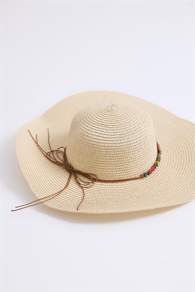 Aksesuarlı Kadın Hasır Plaj Şapkası Vizon