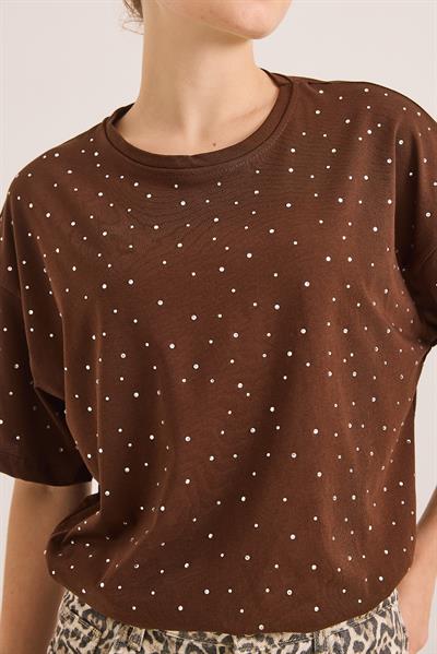 Taş Detaylı Rahat Kalıp Premium Pamuk Tshirt	Kahve