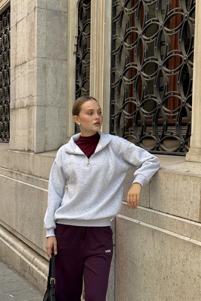 Yaka Fermuarlı 2 İplik Sweatshirt Gri