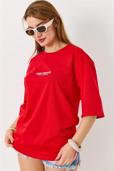 Kadın Yazı Baskılı Bisiklet Yaka Tshirt Kırmızı