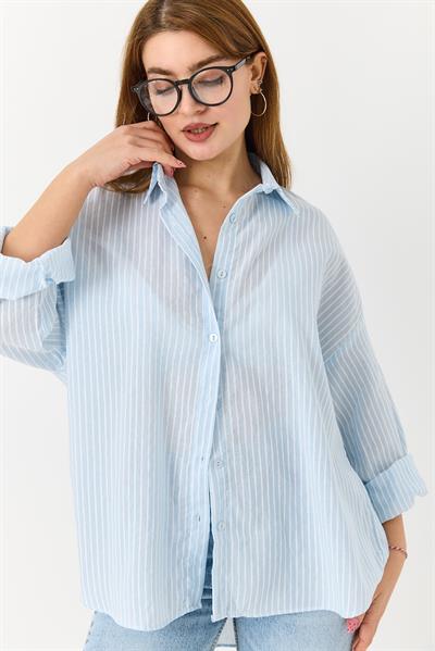 Kadın Uzun Kollu Oversize Gömlek Açık Mavi
