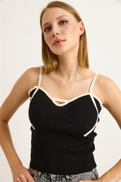 İp Askılı Kadın Triko Crop Bluz Siyah