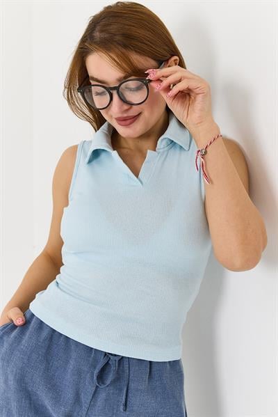 Sıfır Kol Polo Yaka Basıc Örme Kaşkorse Bluz Bebe Mavisi