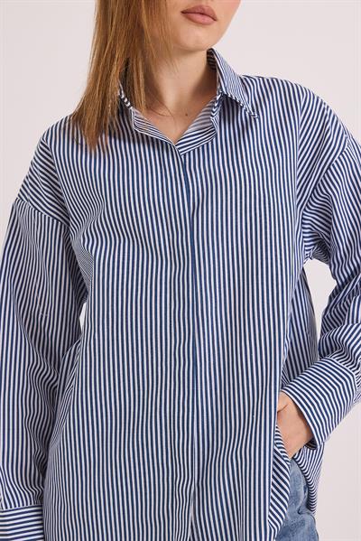 Çizgili Oversize Basic Gömlek Lacivert