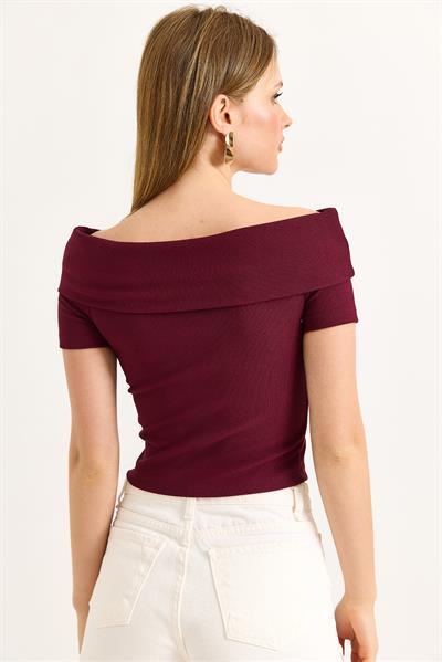 Kayık Yaka Düğme Detaylı Fitilli Örme Bluz Bordo